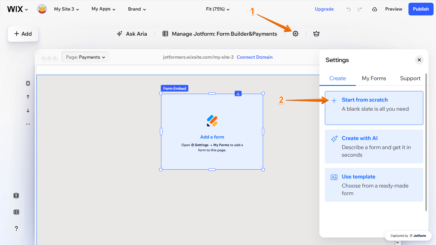 Start From Scratch option in the Jotform Form Embed settings