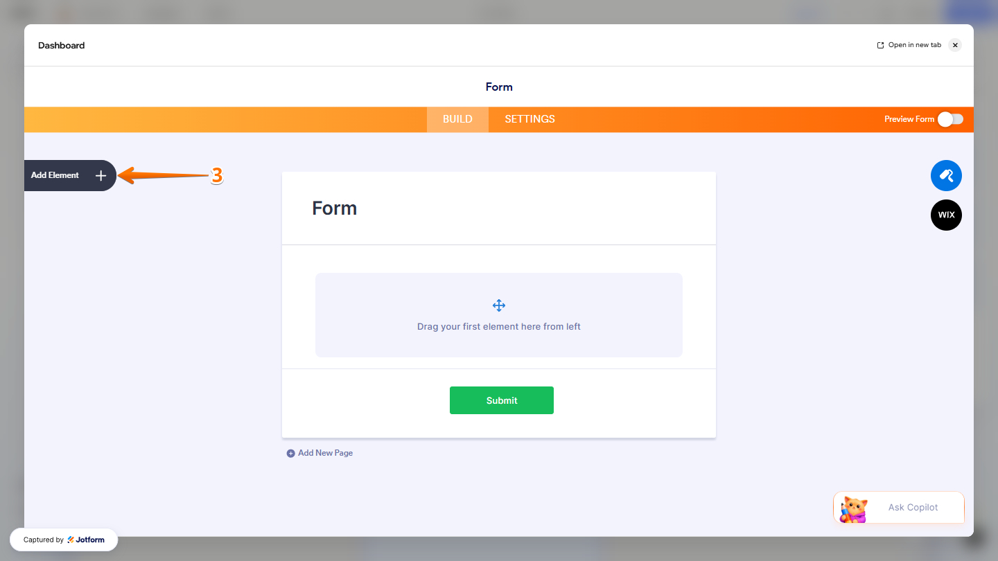 Add Element button in the Jotform Form Builder in Wix Website Editor