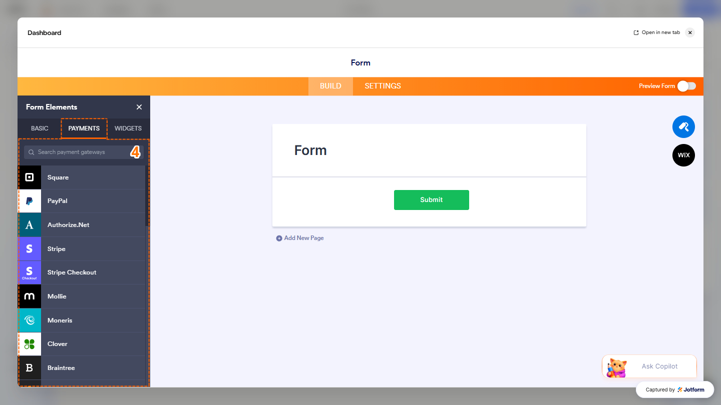 Payments tab of the Jotform Form Builder in Wix Website Editor