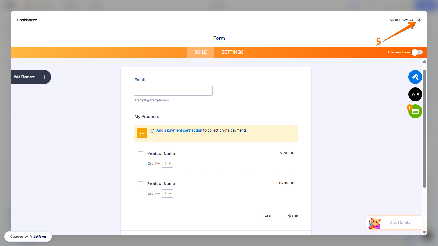 Close icon of the Jotform Form Builder in Wix Website Editor