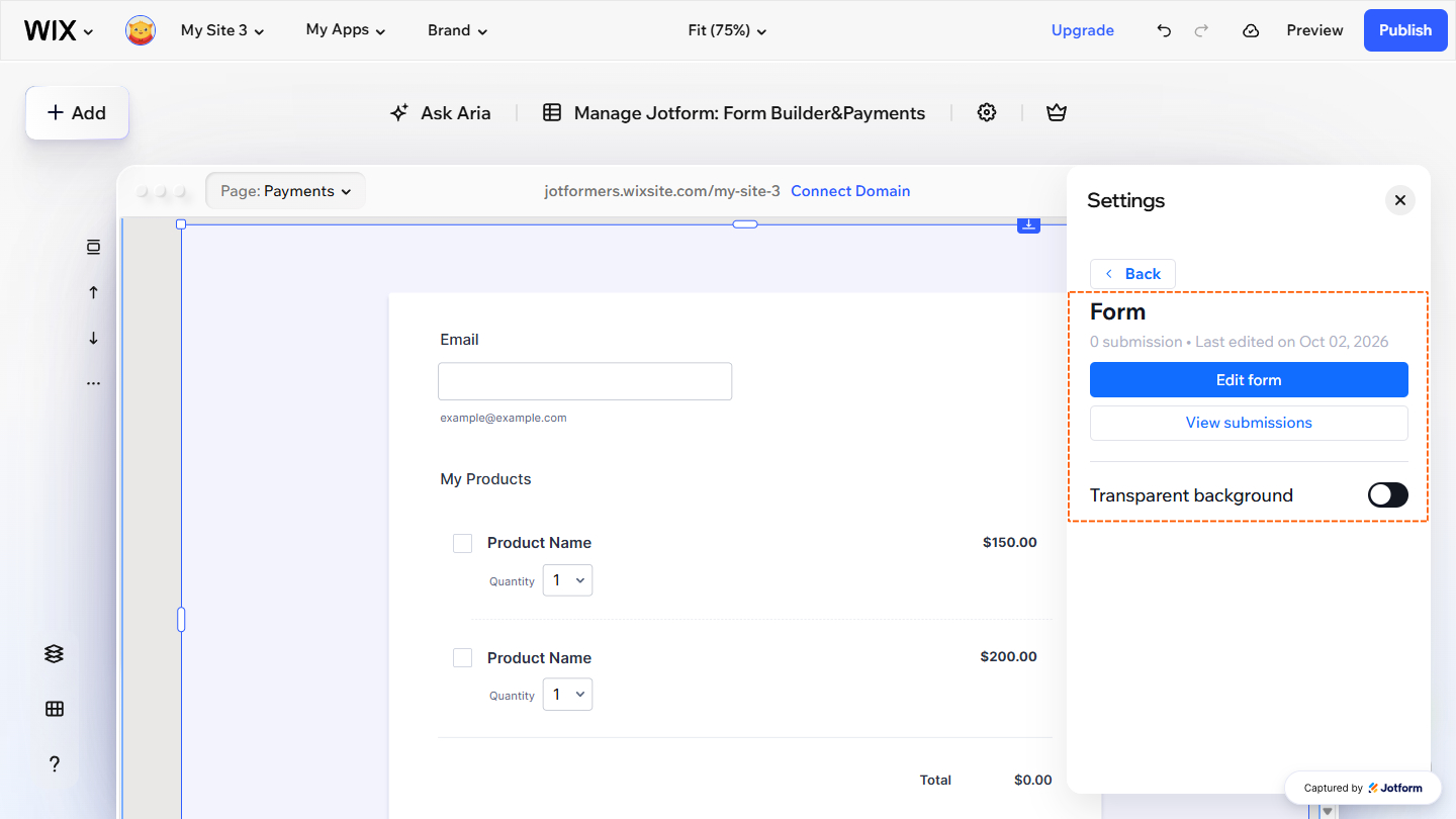 Manage Form in the Settings menu of the Jotform Form Embed