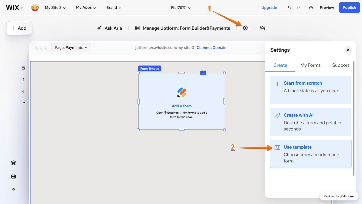 Use Template option in the Settings menu of the Jotform Form Embed in Wix Website Editor