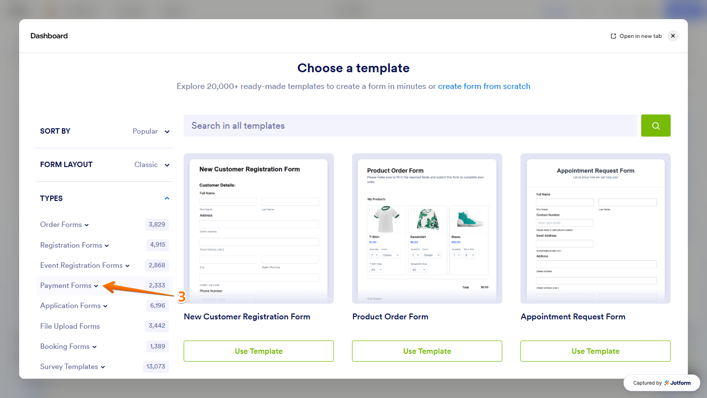 Payment Forms dropdown menu in the Choose a Template window of the Jotform Form Embed