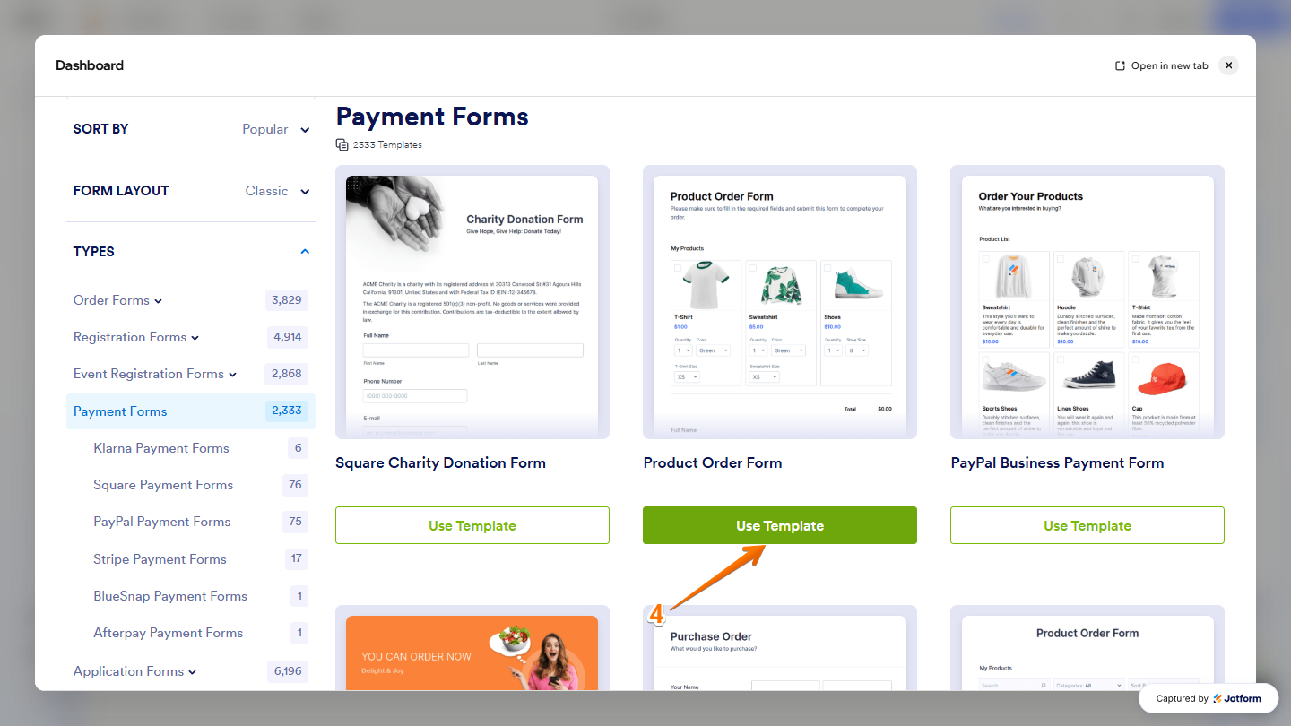 Use Template button in the Choose a Template window of the Jotform Form Embed