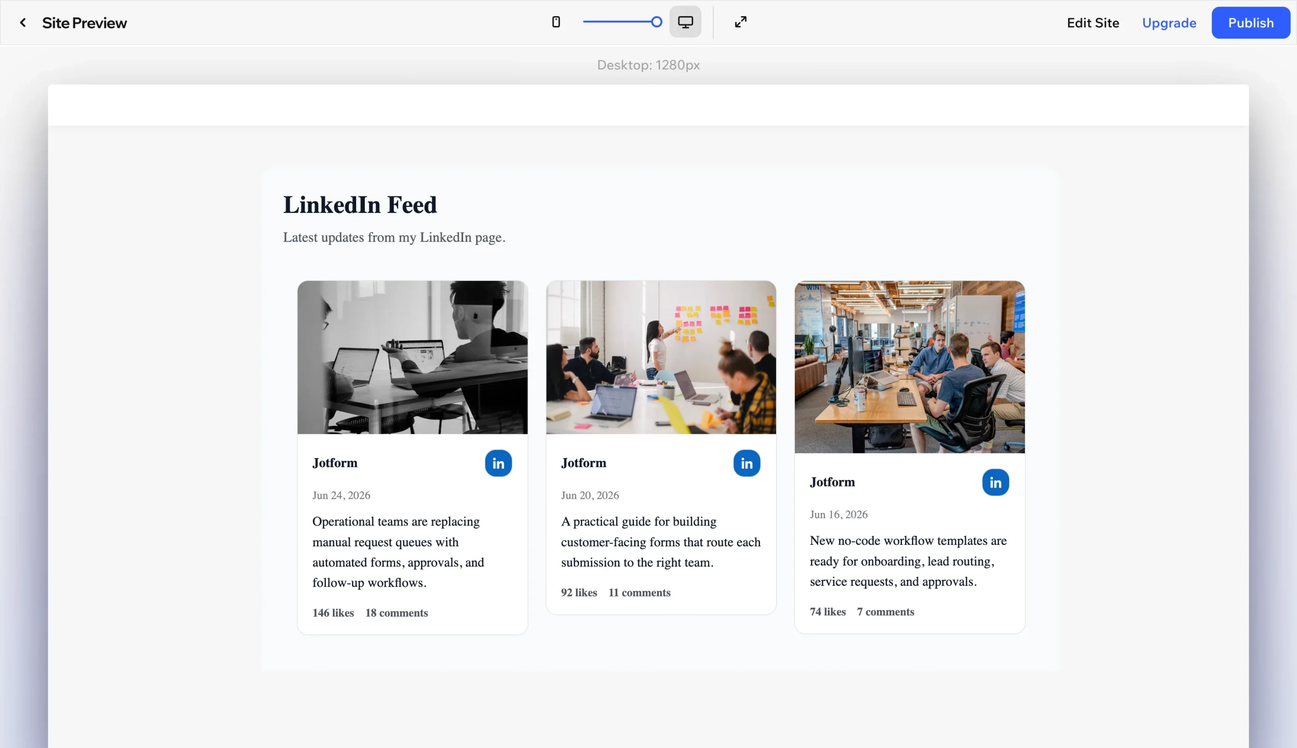 3개의 Jform 게시물이 포함된 임베드된 LinkedIn 피드를 보여주는 Wix 웹사이트 미리보기
