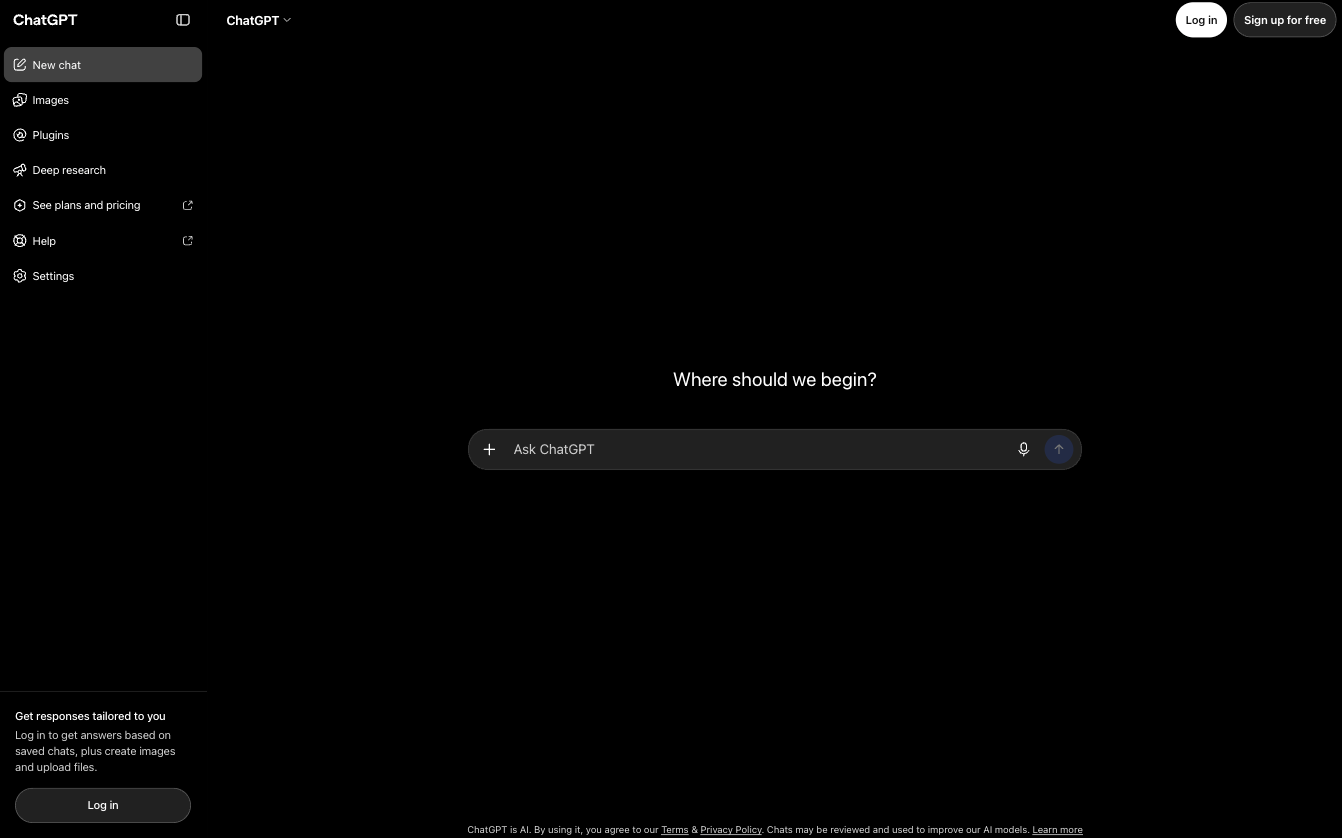 ChatGPT homepage showing the AI chat input and navigation sidebar in dark mode