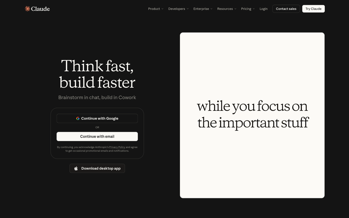Claude homepage featuring AI productivity messaging and options to sign in