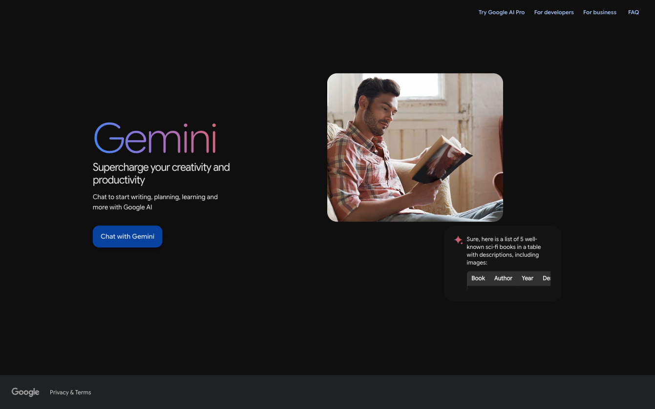 Google Gemini homepage highlighting AI assistance for creativity and productivity