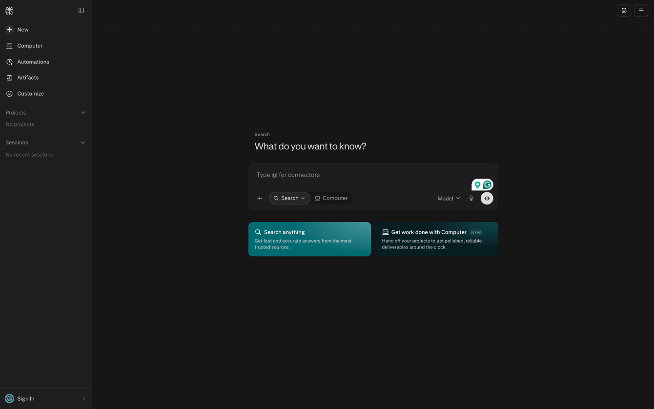Perplexity AI search interface showing the query field and research options