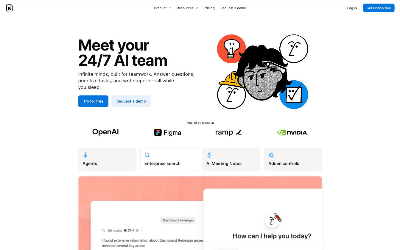 Notion AI homepage introducing AI teammates with enterprise search and meeting notes features