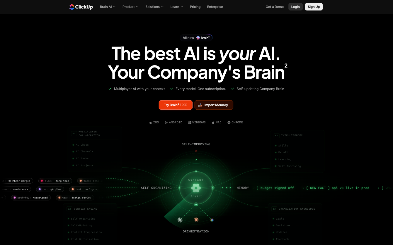 ClickUp Brain homepage promoting AI assistance powered by company knowledge and connected workflows
