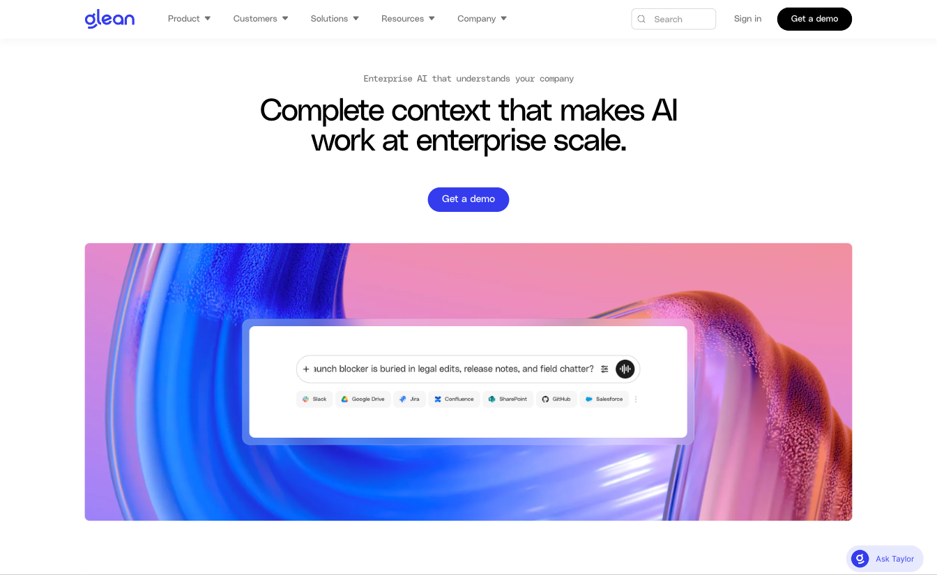 Glean homepage showcasing enterprise AI search across connected workplace applications