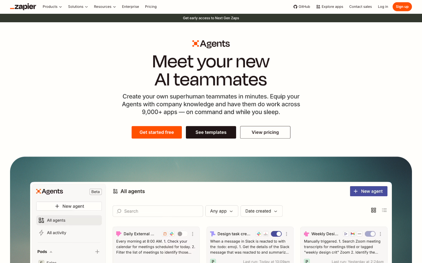 Zapier Agents homepage showing AI teammate creation and agent management dashboard