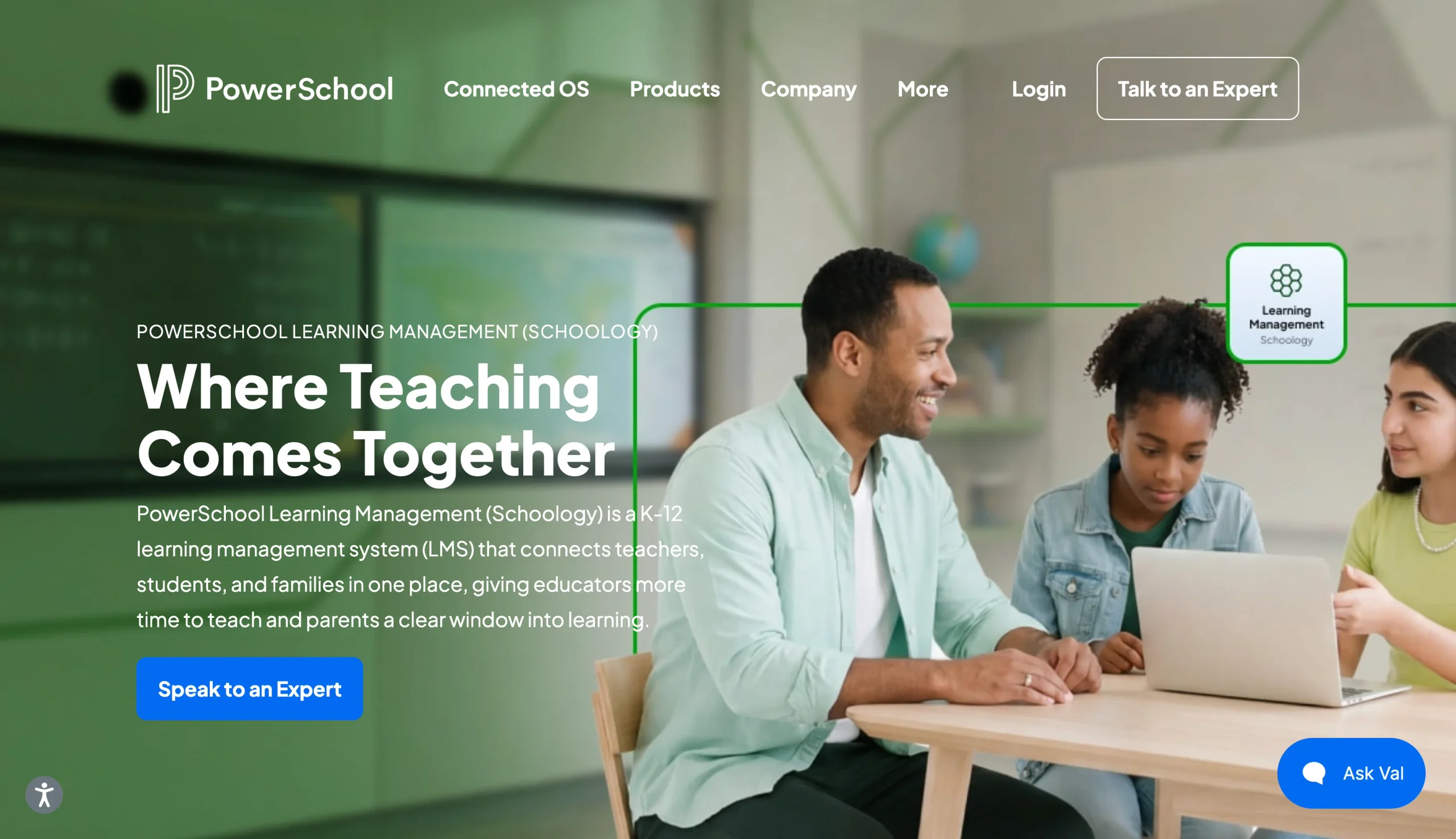 PowerSchool Schoology homepage promoting its learning management system for teachers and students