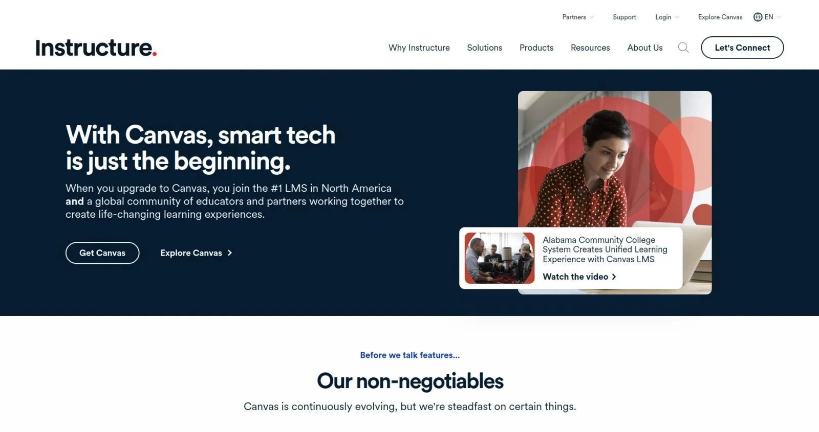 Canvas by Instructure homepage introducing its learning management platform and main navigation options