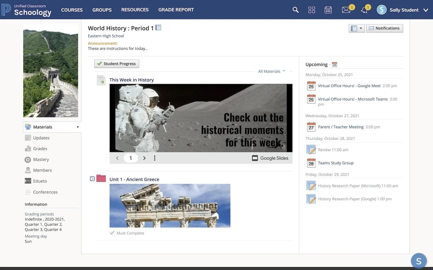 Schoology World History course dashboard showing learning materials, updates, and upcoming assignments