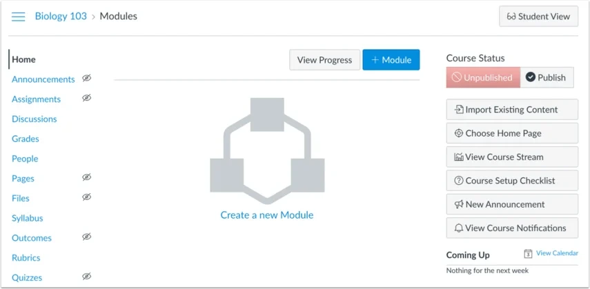 Canvas LMS Biology 103 Modules page showing an empty course and Create a new Module option