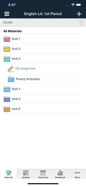 Canvas student mobile app displaying English literature course materials organized into units