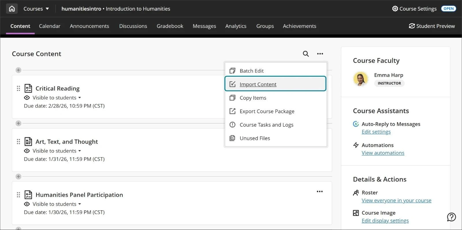 Learning management system course content page with import and export options in an open menu