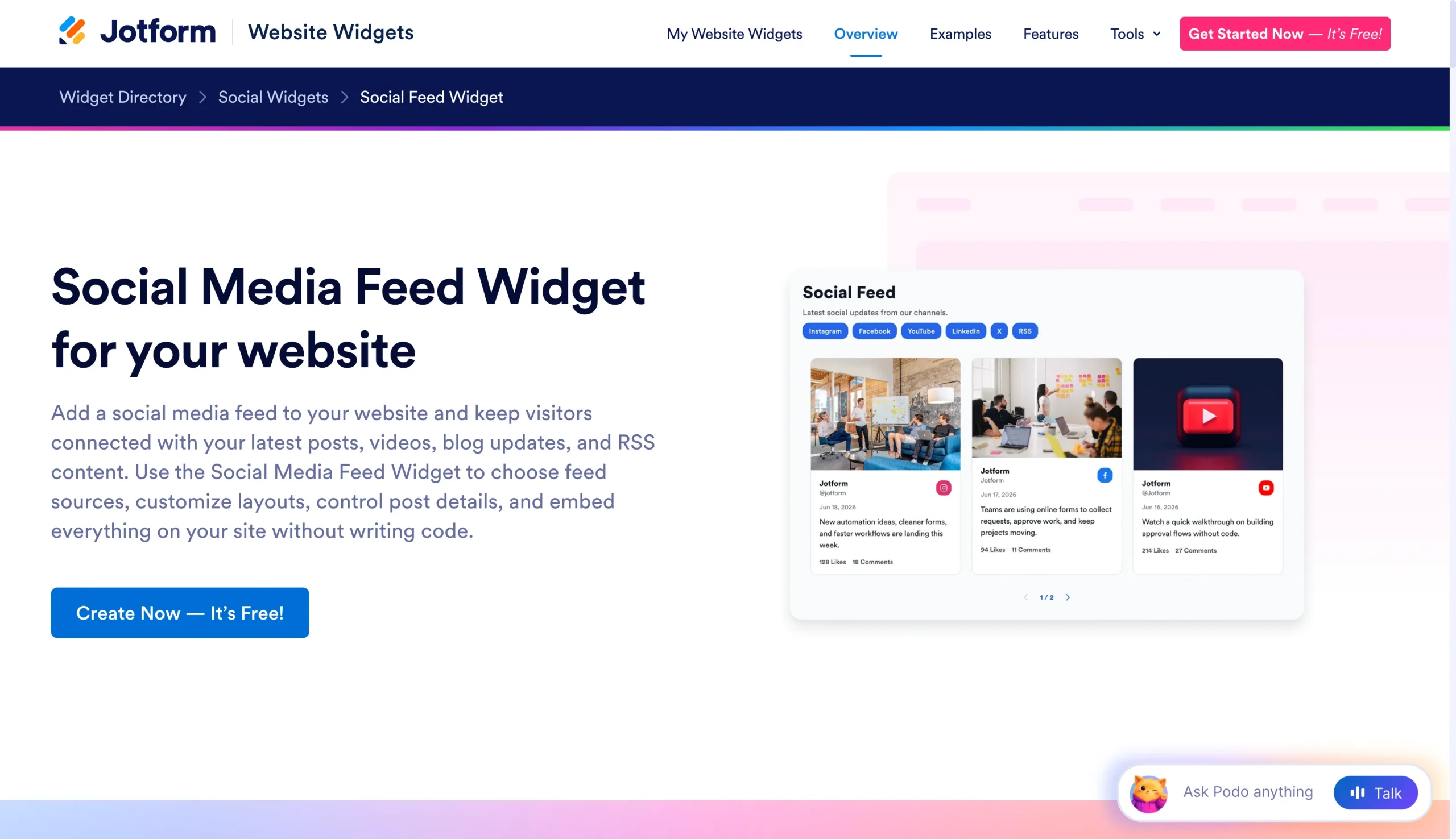 Screenshot of the Jotform Social Media Feed Widget landing page