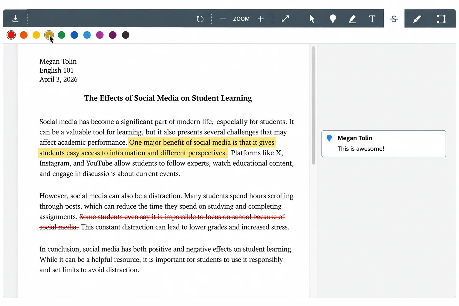 Canvas SpeedGrader annotation interface showing highlighted text, strikethrough feedback, and an instructor comment on a student essay