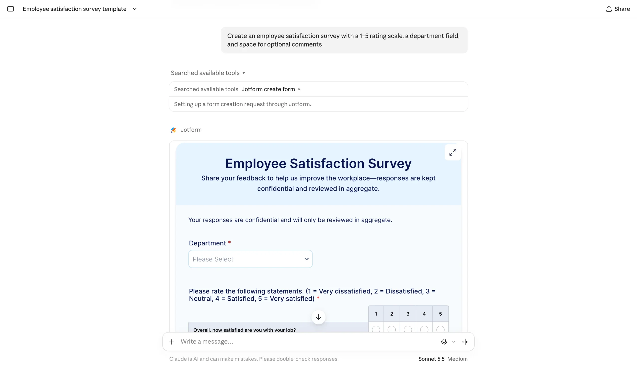 Claude conversation displaying an employee satisfaction survey generated through the Jotform integration