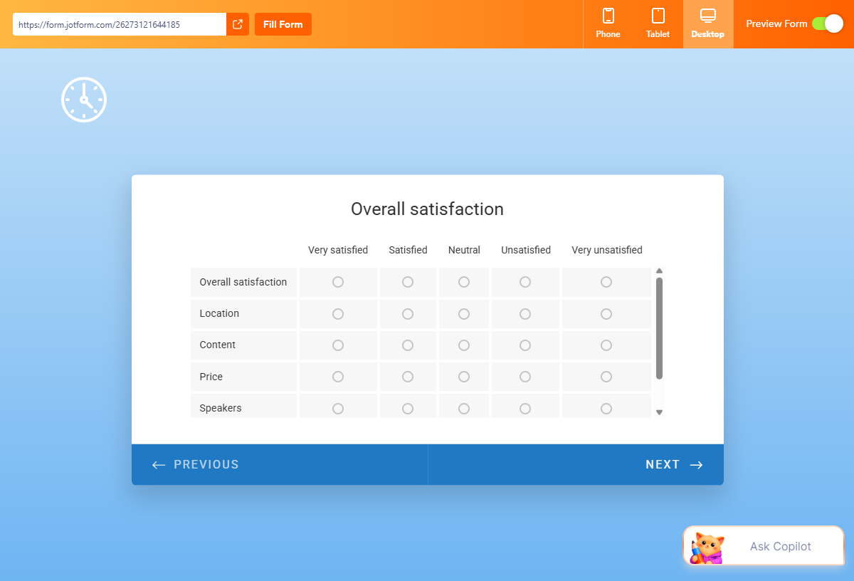Example Jotform satisfaction form previewed on a desktop