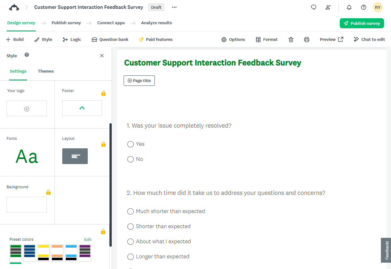 SurveyMonkey example customer support interaction feedback survey