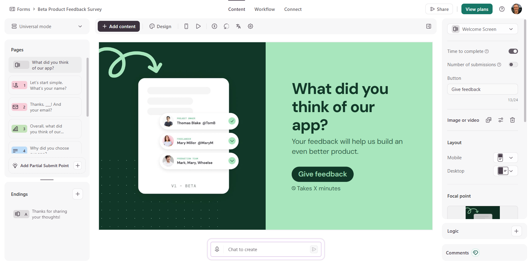 Typeform interface showing the first page of an app feedback form