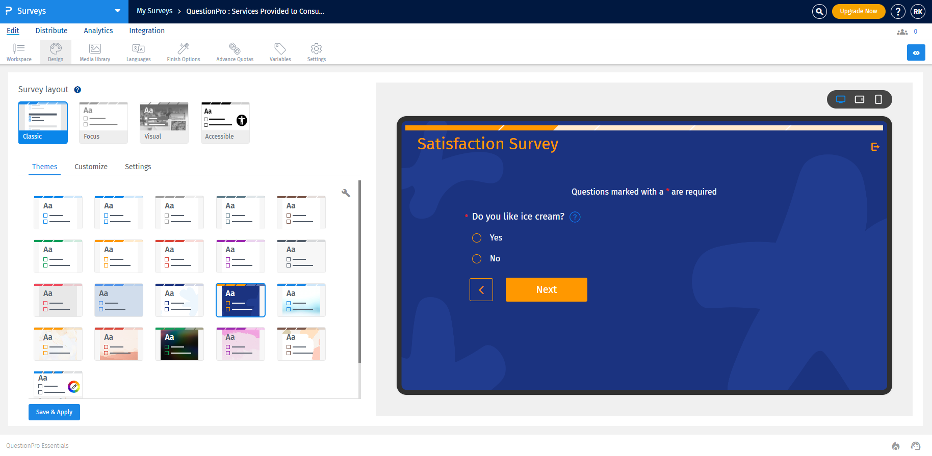 QuestionPro interface showing an example satisfaction survey and various survey themes