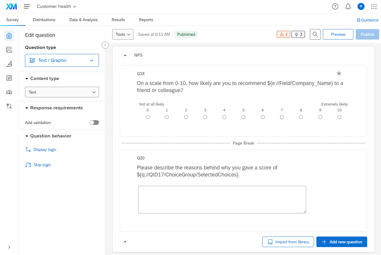 Qualtrics interface showing an example NPS survey