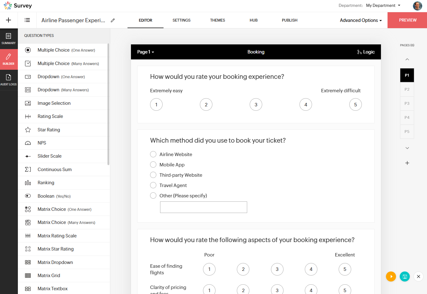 Zoho Survey interface showing an example airline passenger experience survey