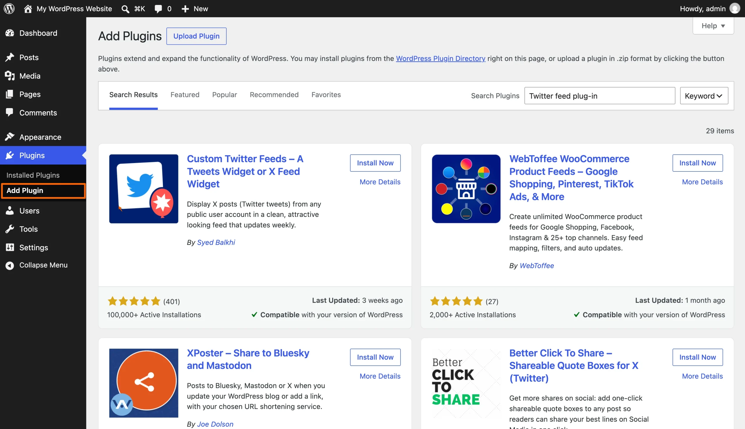 WordPress Add Plugins page showing the highlighted Add Plugin option in the sidebar