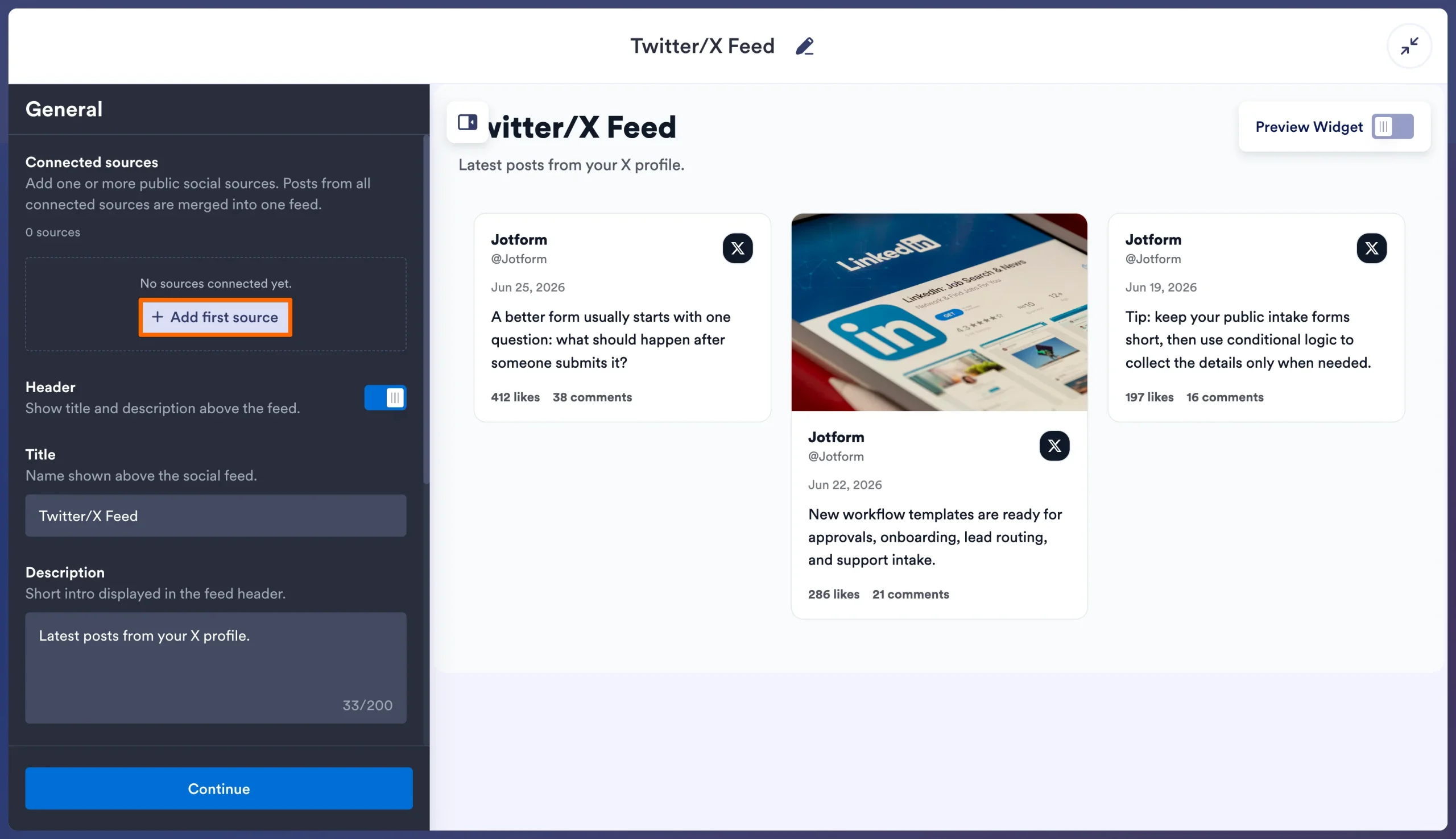 Jotform Twitter/X Feed Widget editor showing the Add first source button highlighted