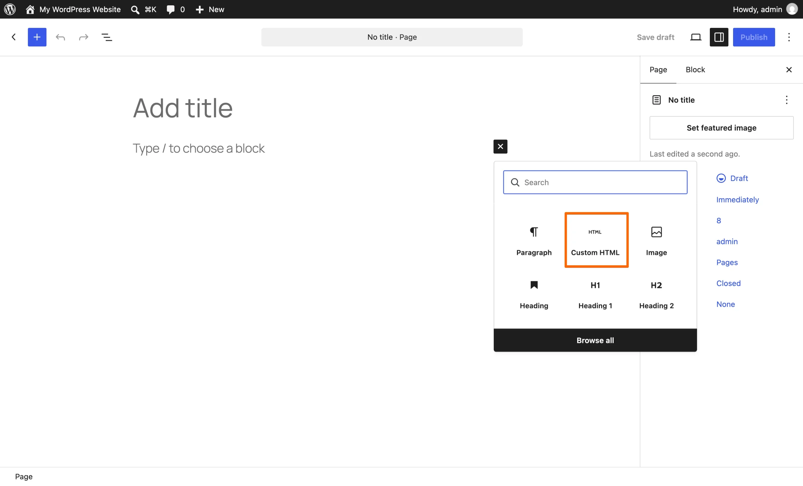 WordPress page editor showing the Custom HTML block option for embedding the Twitter/X feed