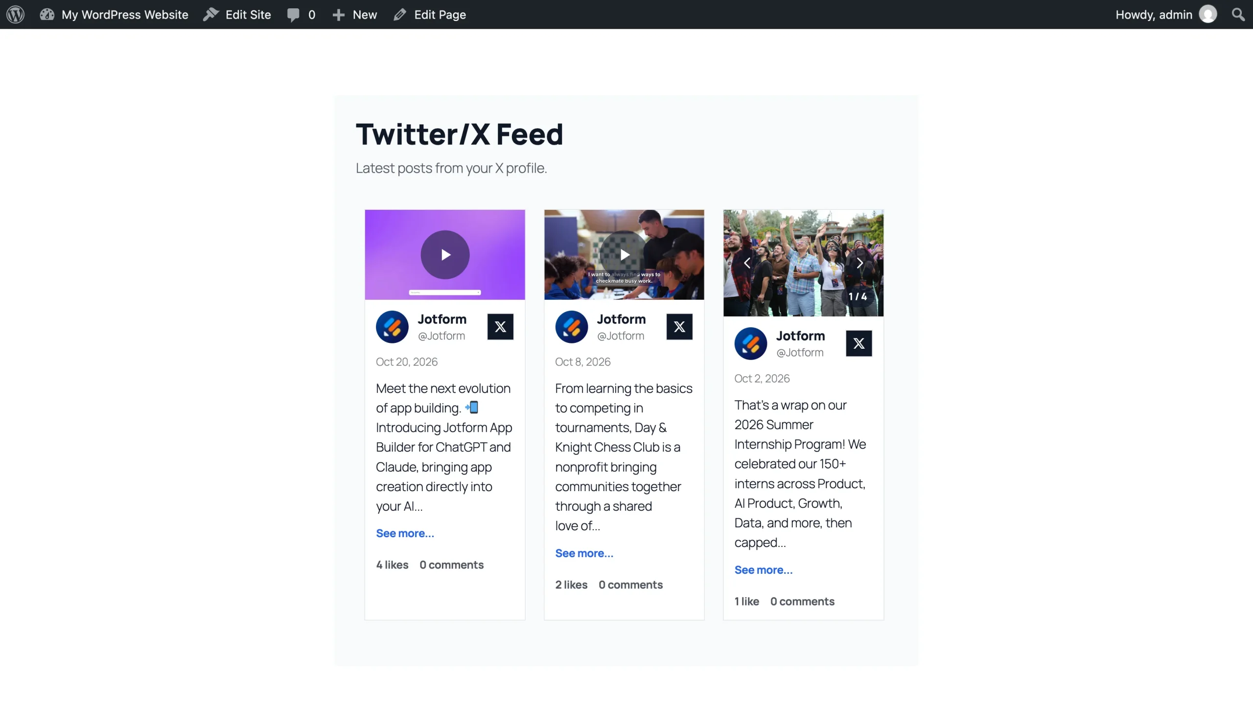 WordPress webpage displaying the embedded Jotform Twitter/X Feed Widget with three social media posts