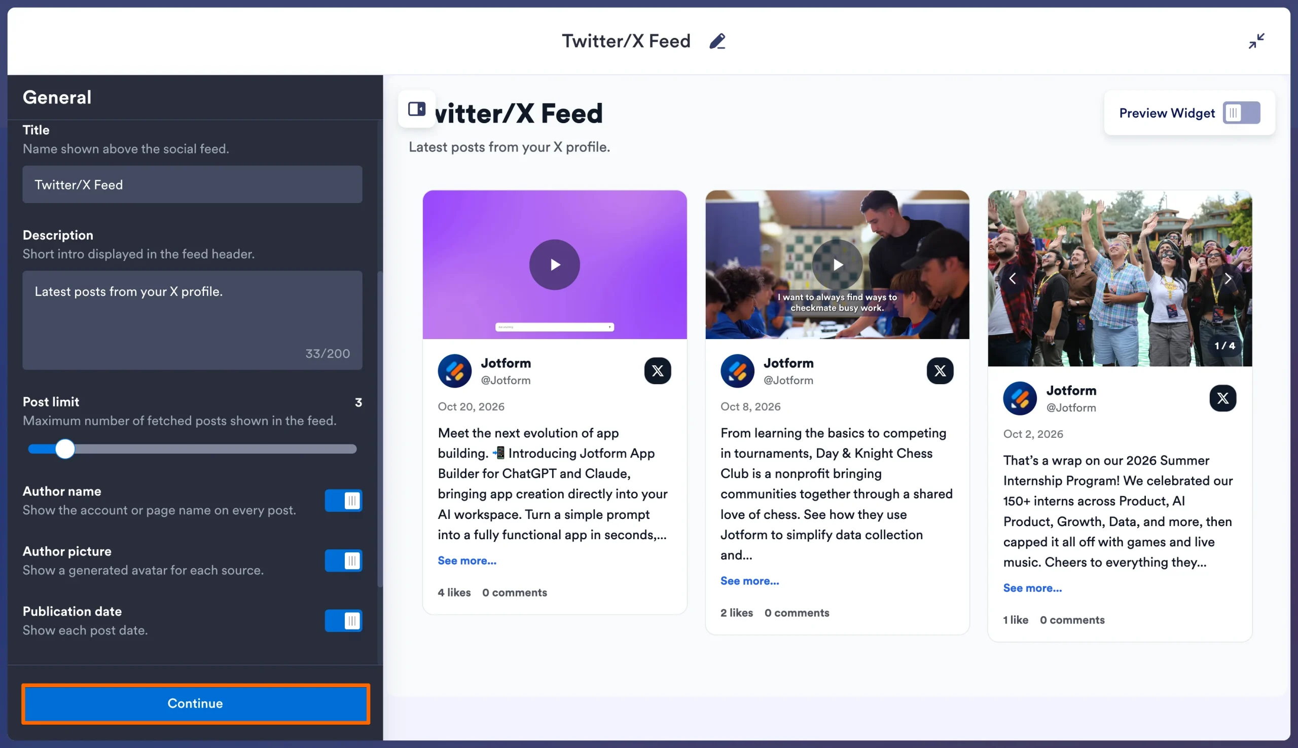 Jotform Twitter/X Feed Widget settings showing post limits, display options, and Continue button