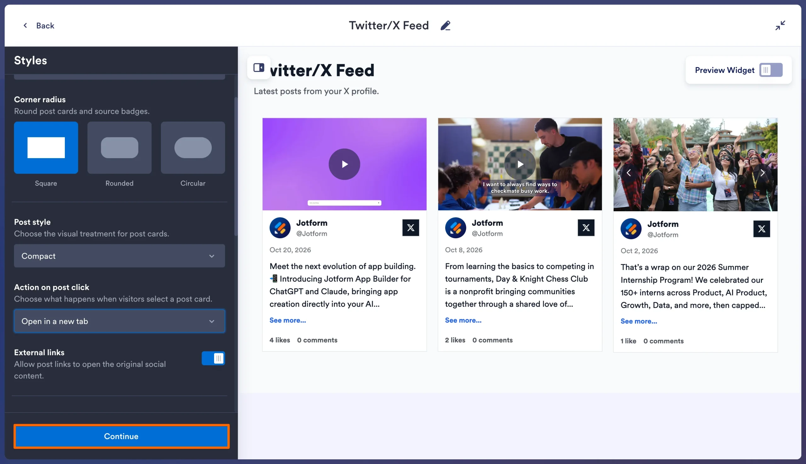 Jotform Twitter/X Feed Widget Style menu showing corner radius, post style, and display settings