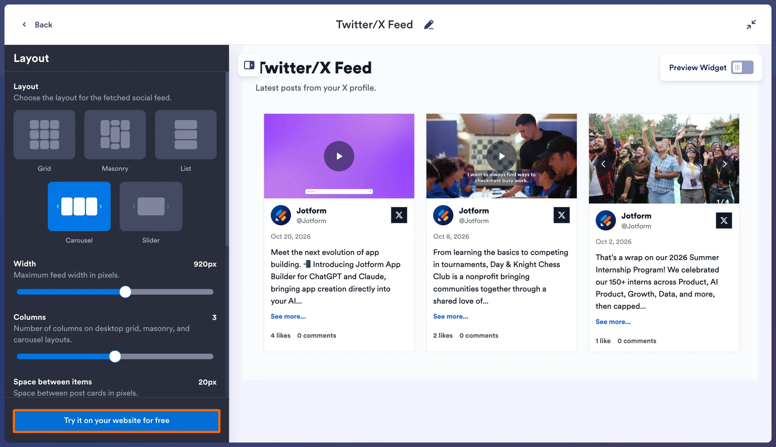 Jotform Twitter/X Feed Widget Layout menu showing layout options, width, columns, and embed button