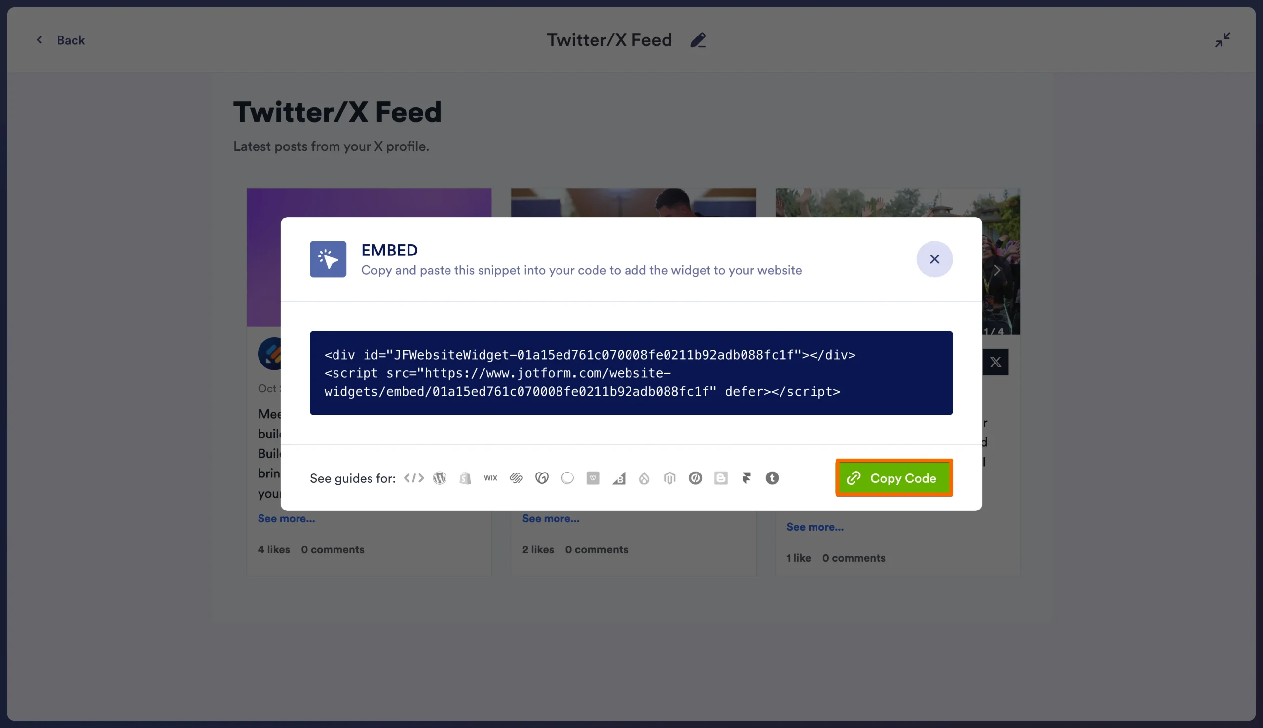 Jotform Twitter/X Feed Widget embed dialog displaying the HTML code and highlighted Copy Code button