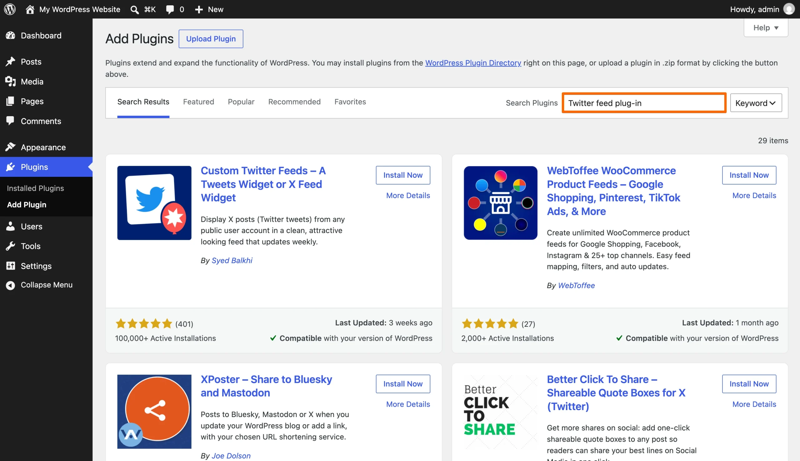 WordPress plugin marketplace displaying search results for Twitter feed plug-ins