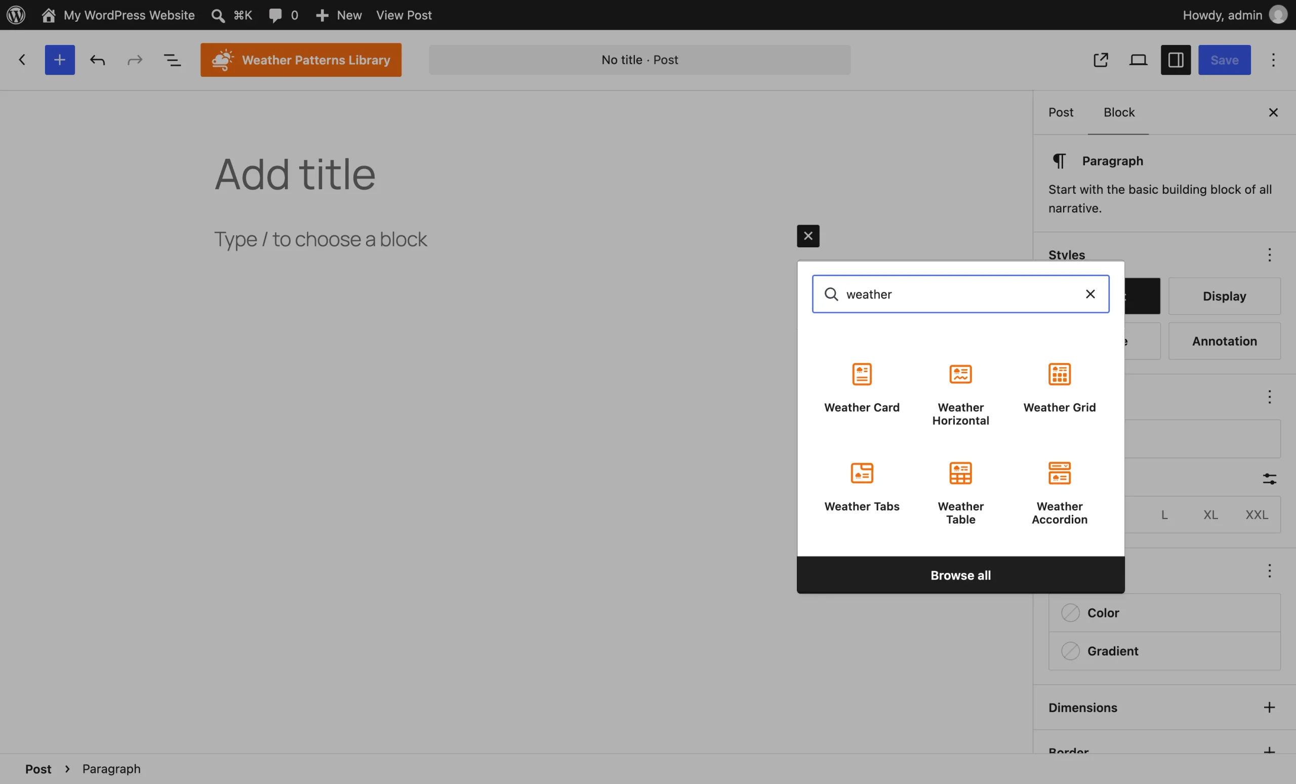 WordPress-Block-Editor mit Location-Weather-Blöcken in den Wetter-Suchergebnissen