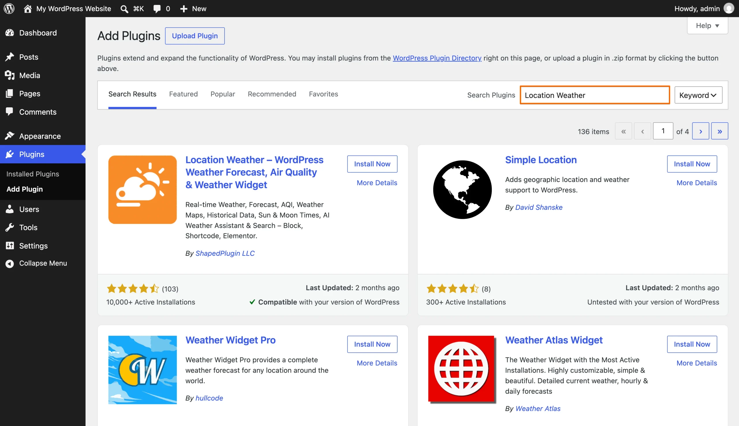 Suchergebnisse für WordPress-Plugins mit dem Plugin Location Weather und der Schaltfläche „Jetzt installieren“