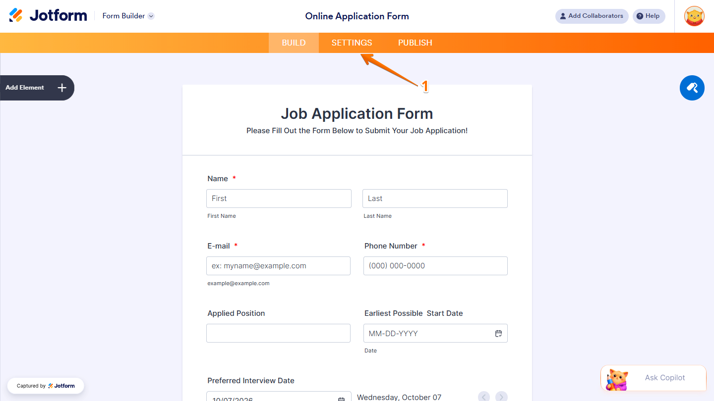 Settings tab in Jotform Form Builder
