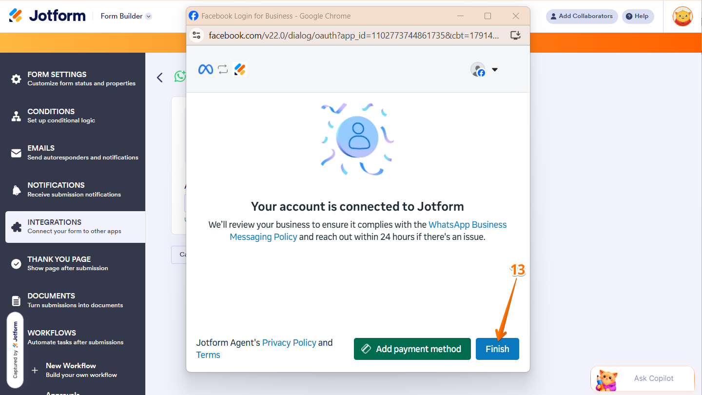 Authentication flow of the Facebook login window