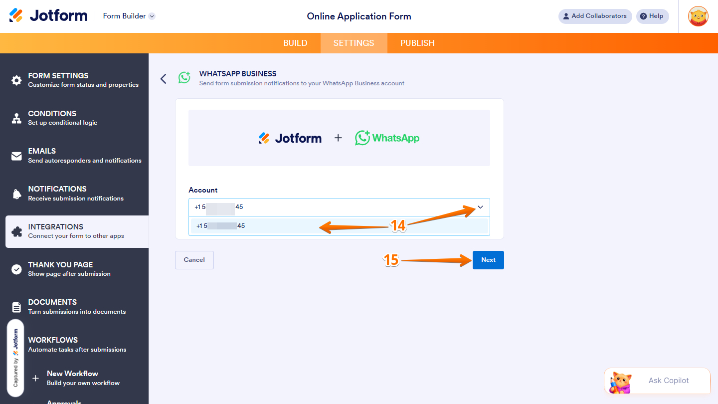 Account dropdown menu in Jotform's WhatsApp Business Integration