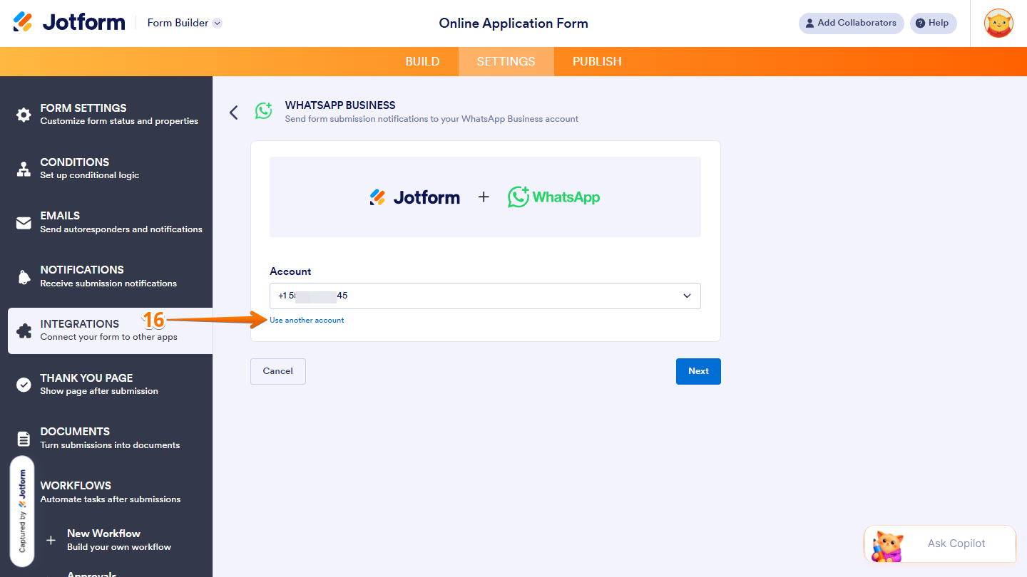 Use another account link in Jotform WhatsApp Business integration