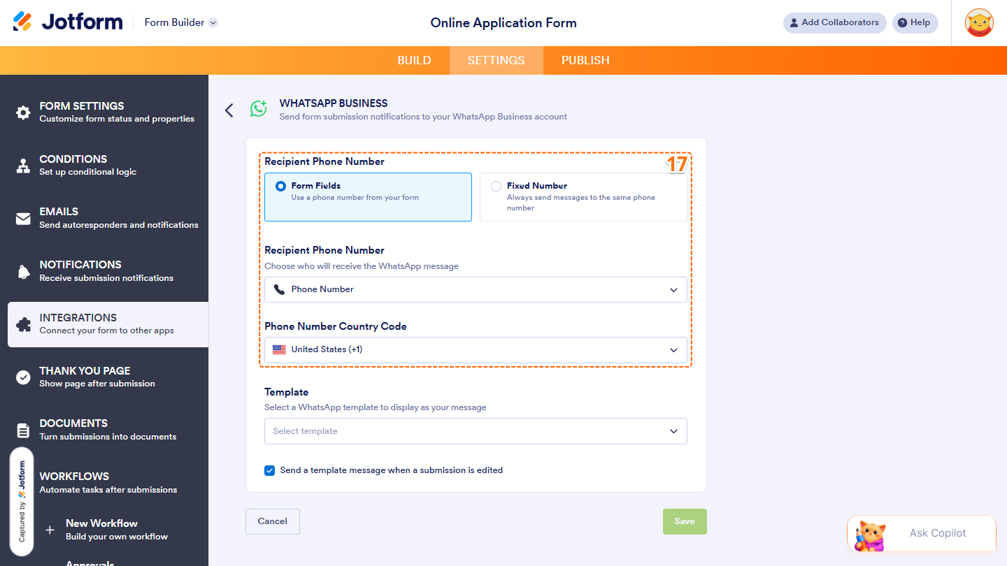 WhatsApp Business integration settings