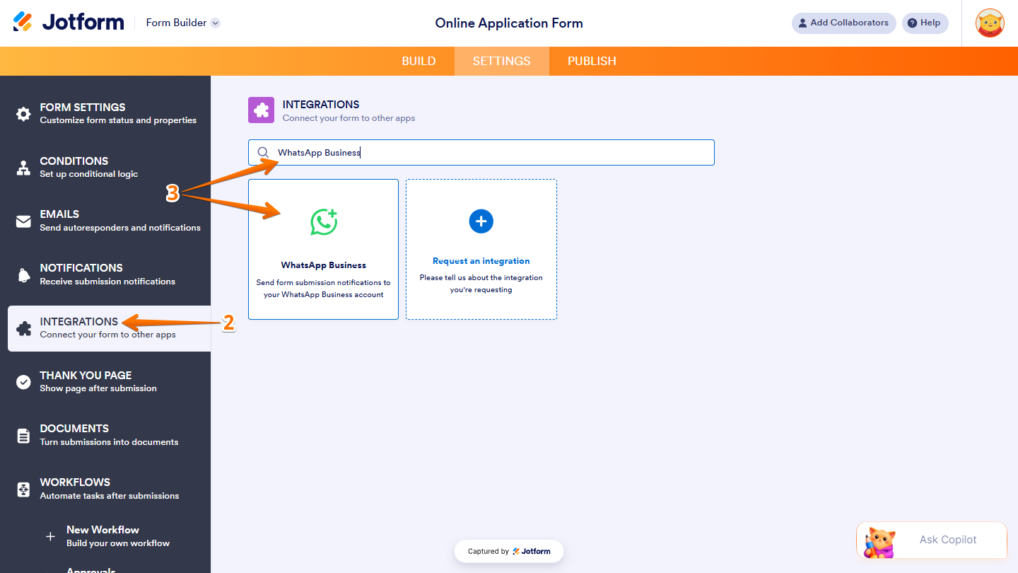 WhatsApp Business in the Integrations page of Jotform Form Builder