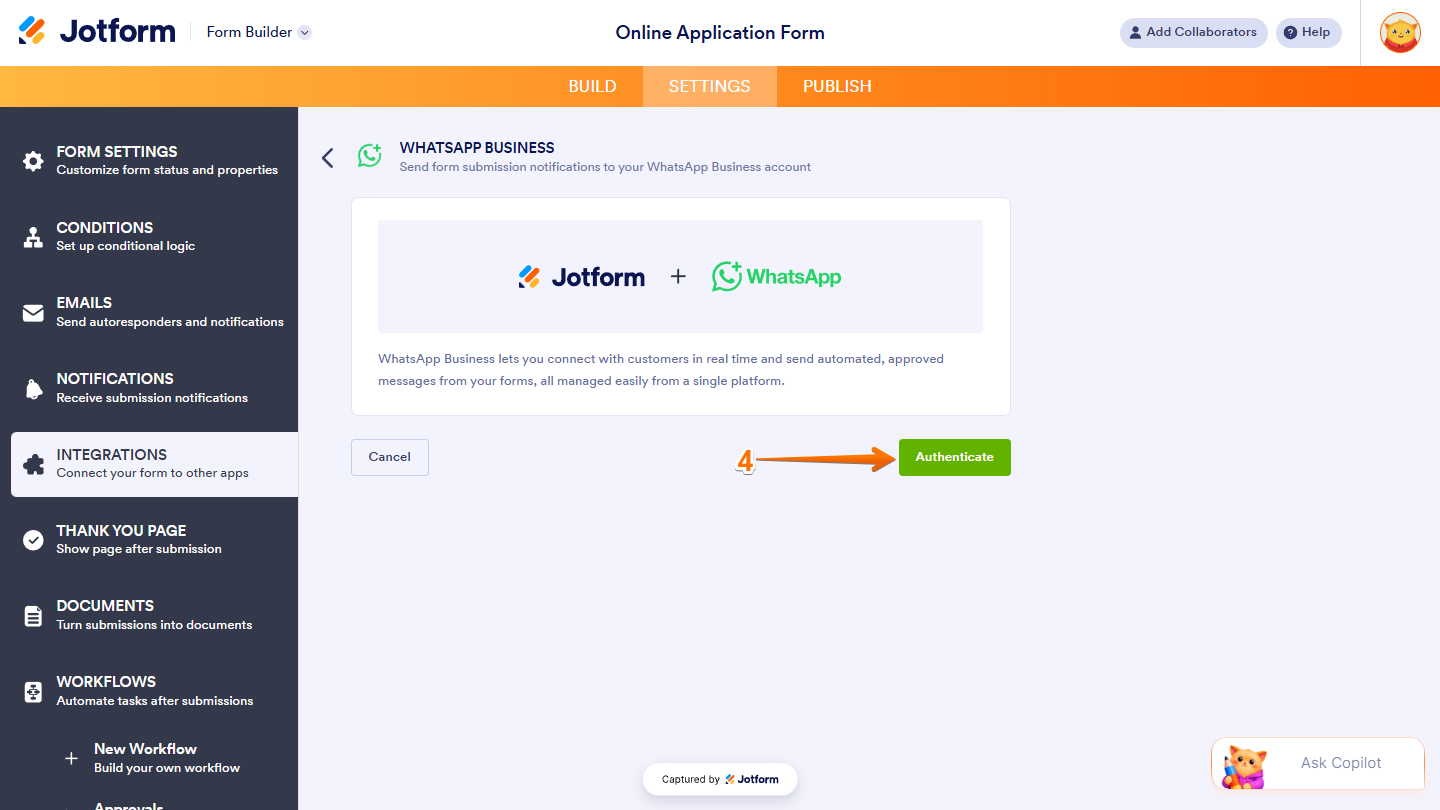 Authenticate button in Jotform's WhatsApp Business Integration